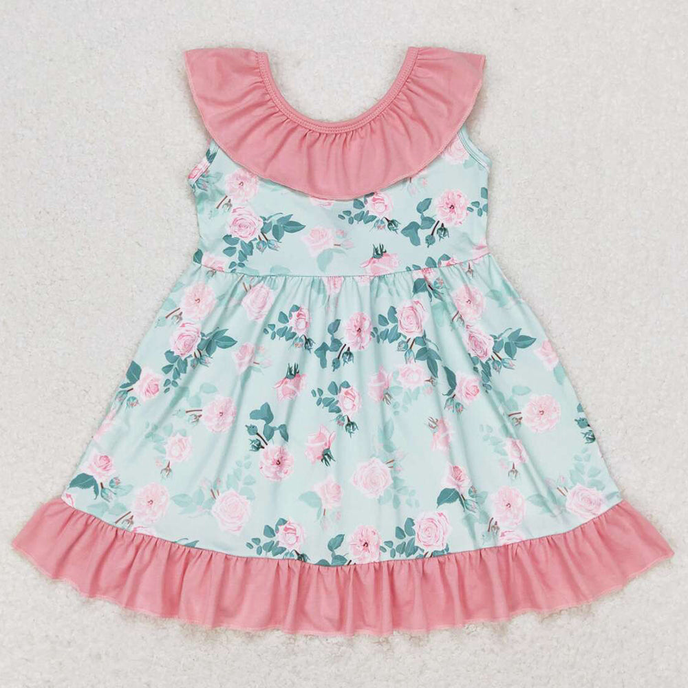 Baby Girls Dress Green Flowers Bow Back Knee Length Dresses GSD0722