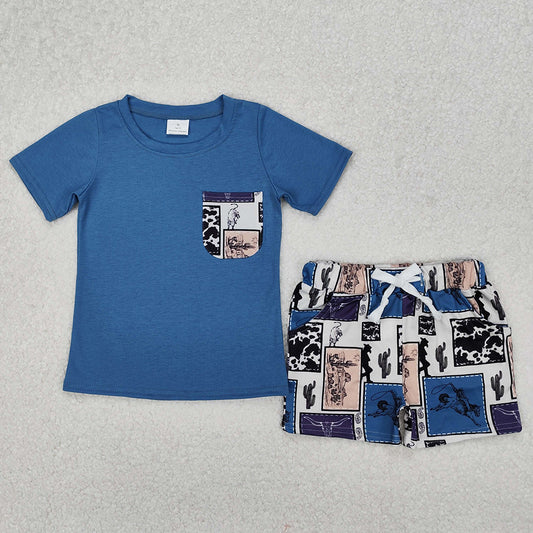 Baby Boys Clothes Western Blue Pocket Top Rodeo Shorts Clothes Sets BSSO1286 3.11