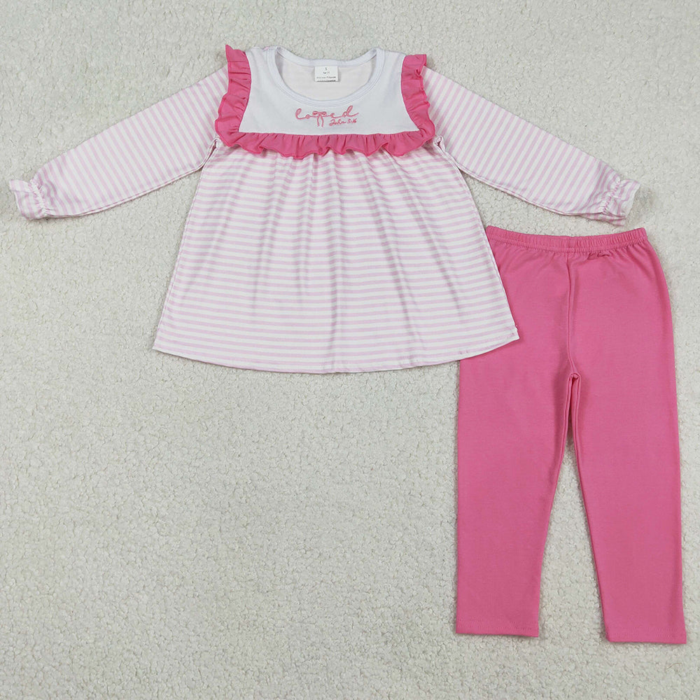 Baby Girls Embroidery Love John 3:16 Pink Stripe Tunic Leggings Valentines Clothes Sets GLP2916 12.23