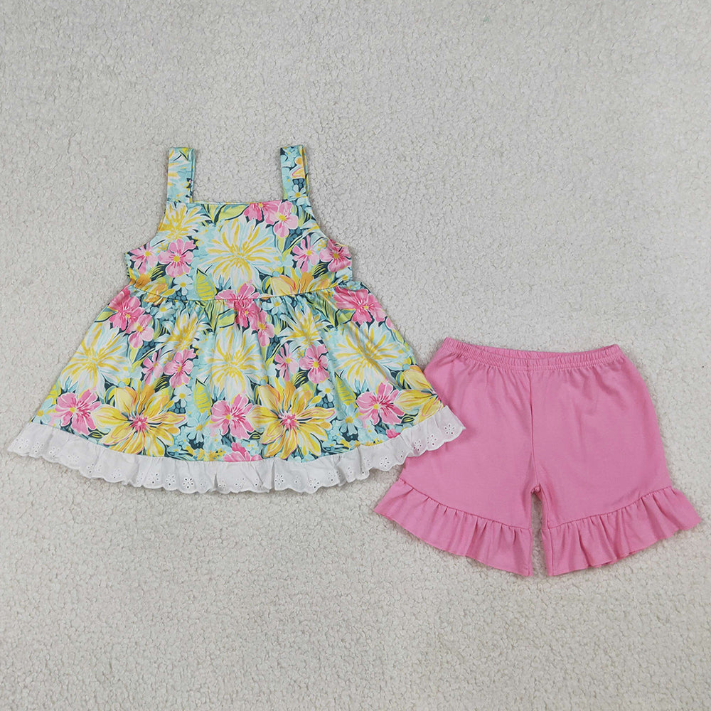Baby Girls Clothes Strap Colorful Flowers Tunic Ruffle Shorts Clothes Sets GSSO3034