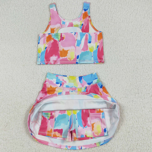 Baby Girls Clothes Sleeveless Watercolor Tie Dye Vest Top Short Skirts Yoga Sets GSD2625 6.24