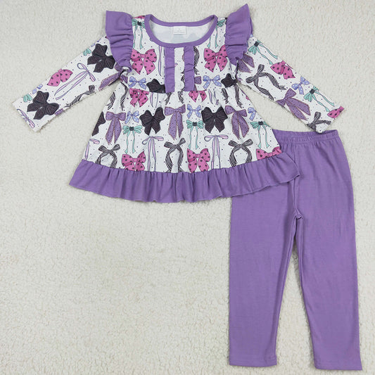 Baby Girls Clothes Long Sleeves Purple Bows Button Top Legging Pants Sets GLP2528 7.19