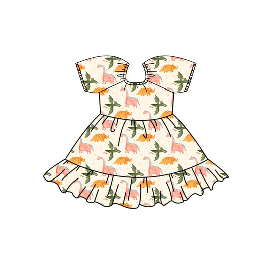 Preorder (moq 5)Baby Girls Colorful Dinosaurs Polka Dots Ruffle Knee Length Dresses 12.2