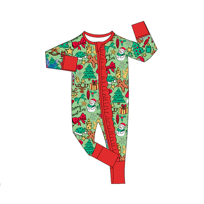 Preorder(moq 5)Baby Infant Girls Long Sleeves Christmas Trees Gingerbread Zipper Rompers 7.30