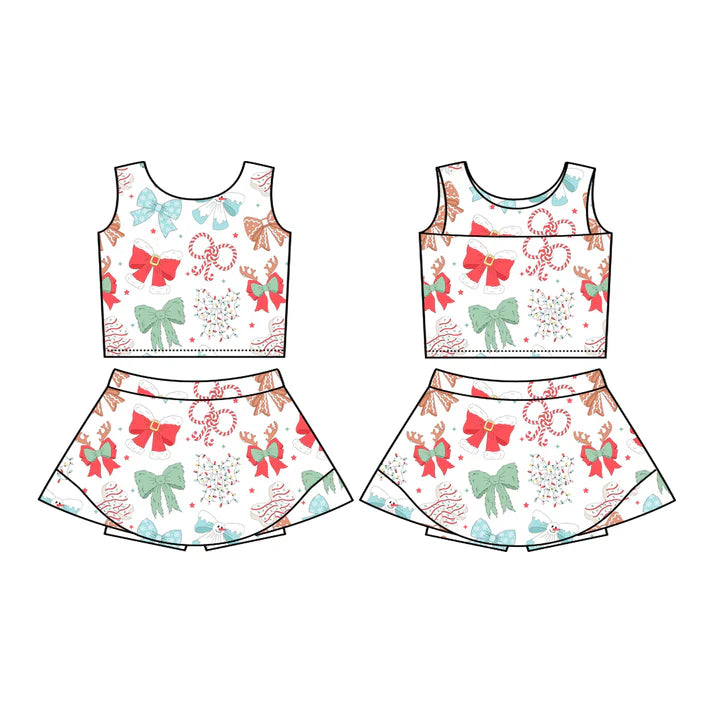 Preorder (moq 5)Baby Girls Sleeveless Candy Cane Bows Vest Top Skorts Set 7.16