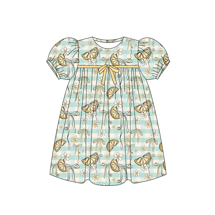 Preorder (moq 5)Baby Girls Short Ruffle Sleeves Stripe Lemons Flowers Knee Length Dresses 5.27