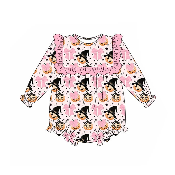 Preorder (moq 5)Baby Girls Pink Long Sleeves Bows Pumpkins Ruffle Rompers 5.16