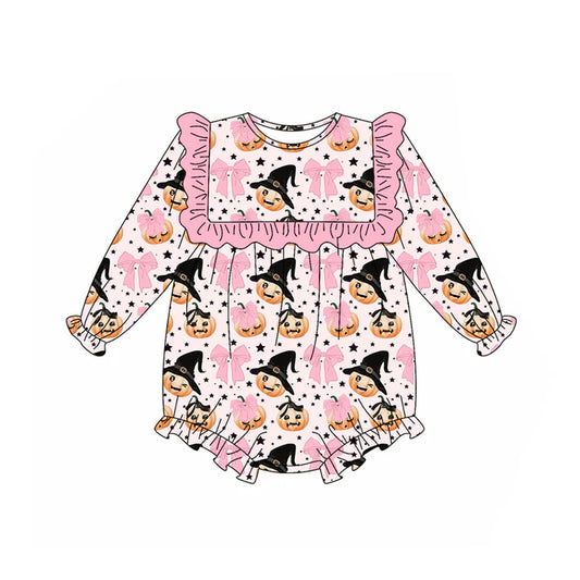 Preorder (moq 5)Baby Girls Pink Long Sleeves Bows Pumpkins Ruffle Rompers 5.16