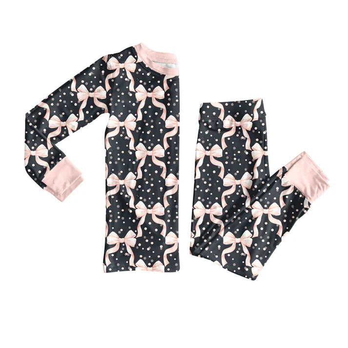 Preorder(moq 5) Baby Girls Black Pink Bows Top Pants Lounge Wear Pajamas Sets 8.13