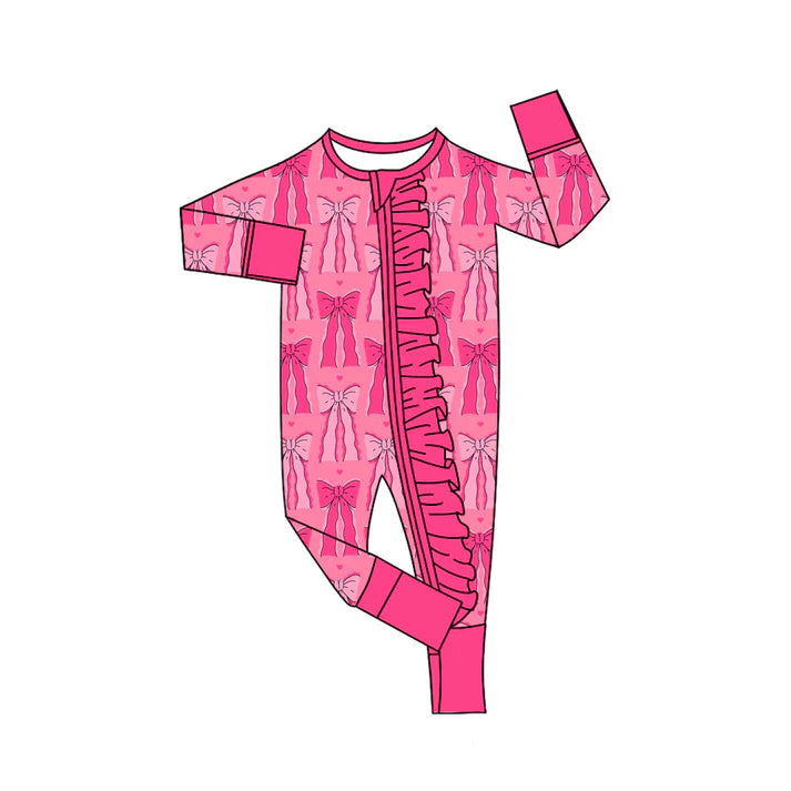 Preorder (moq 8)Baby Girls Pink Hearts Bows Valentine Ruffle Zipper Footie Rompers 9.20