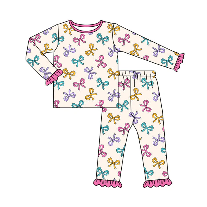 Preorder (moq 5)Baby Girls Colorful Bows Plaid Top Ruffle Pant Pajamas Set 8.4