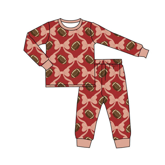 Preorder(moq 5) Baby Girls Bows Footballs Checked Top Pants Team Pajamas Sets 10.4