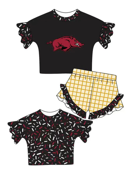 Preorder (moq 5)Baby Girls Black Sprinkles Bulls Top Checked Ruffle Shorts Team Clothes Set 1.10