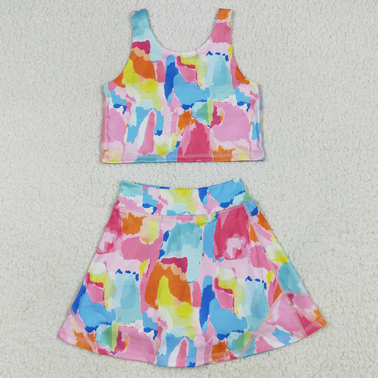 Baby Girls Clothes Sleeveless Watercolor Tie Dye Vest Top Short Skirts Yoga Sets GSD2625 6.24
