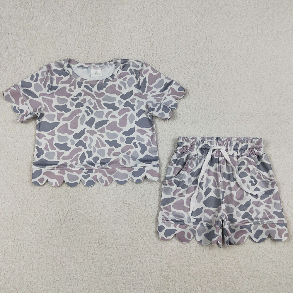 Baby Girls Clothes Southern Light Grey Camo Top Pockets Shorts Scallop Clothes Sets GSSO3226