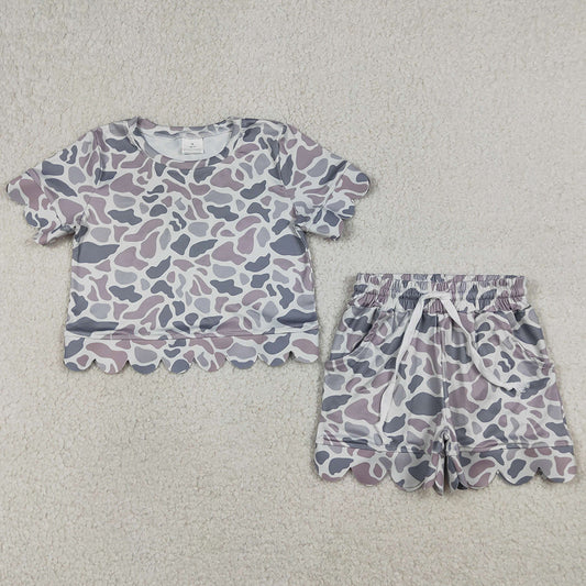 Baby Girls Clothes Southern Light Grey Camo Top Pockets Shorts Scallop Clothes Sets GSSO3226