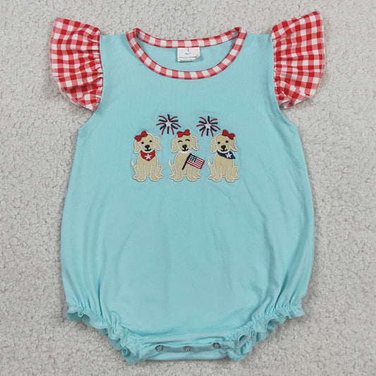 Baby Girls Rompers Embroidery Dogs Flags Flutter Sleeve 4th of July Ruffle Rompers SR4051