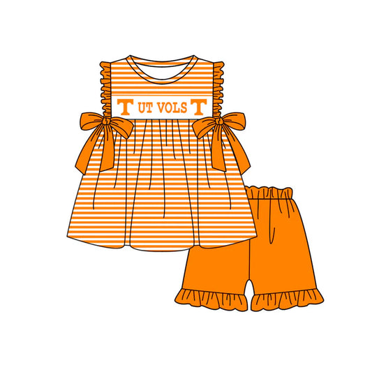 Preorder (moq 5)Baby Girls Orange T Ut Vols Stripe Bows Tunic Ruffle Shorts Team Clothes Sets 12.27