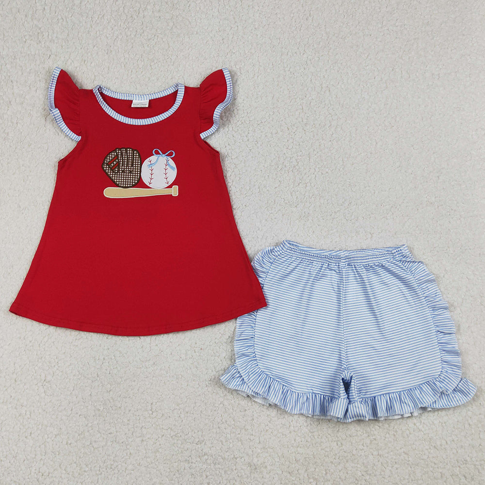 Baby Girls Clothes Embroidery Baseballs Tunic Stripe Ruffle Shorts Clothes Sets GSSO3246