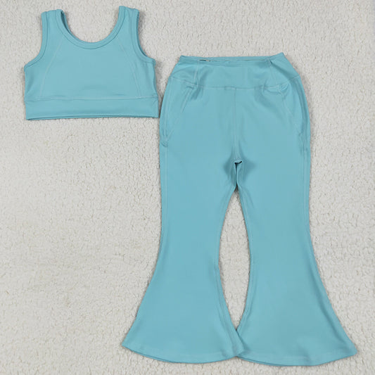 Baby Girls Clothes Blue Yoga Vest Bell Bottom Pants Active Wear Clothes Sets GSPO2004 6.26