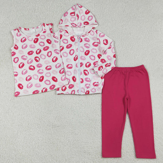Baby Girls Red Mouths Plaid Vest Zip Cardigan Hoodies Leggings 3 Pcs Valentines Clothes Sets GLP3120 12.20