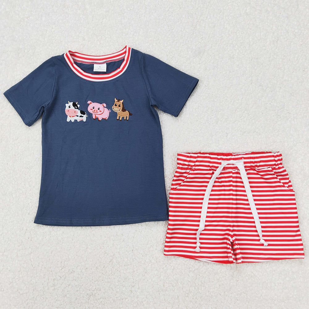 Baby Boys Clothes Blue Farm Animals Embroidery Shirt Stripes Shorts Sets BSSO1295 3.18