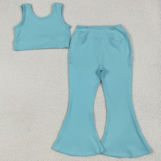 Baby Girls Clothes Blue Yoga Vest Bell Bottom Pants Active Wear Clothes Sets GSPO2004 6.26