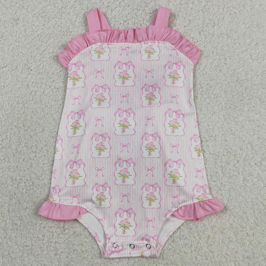 Baby Girls Clothes Pink Strap Flowers Back Bows Ruffle Rompers SR4112