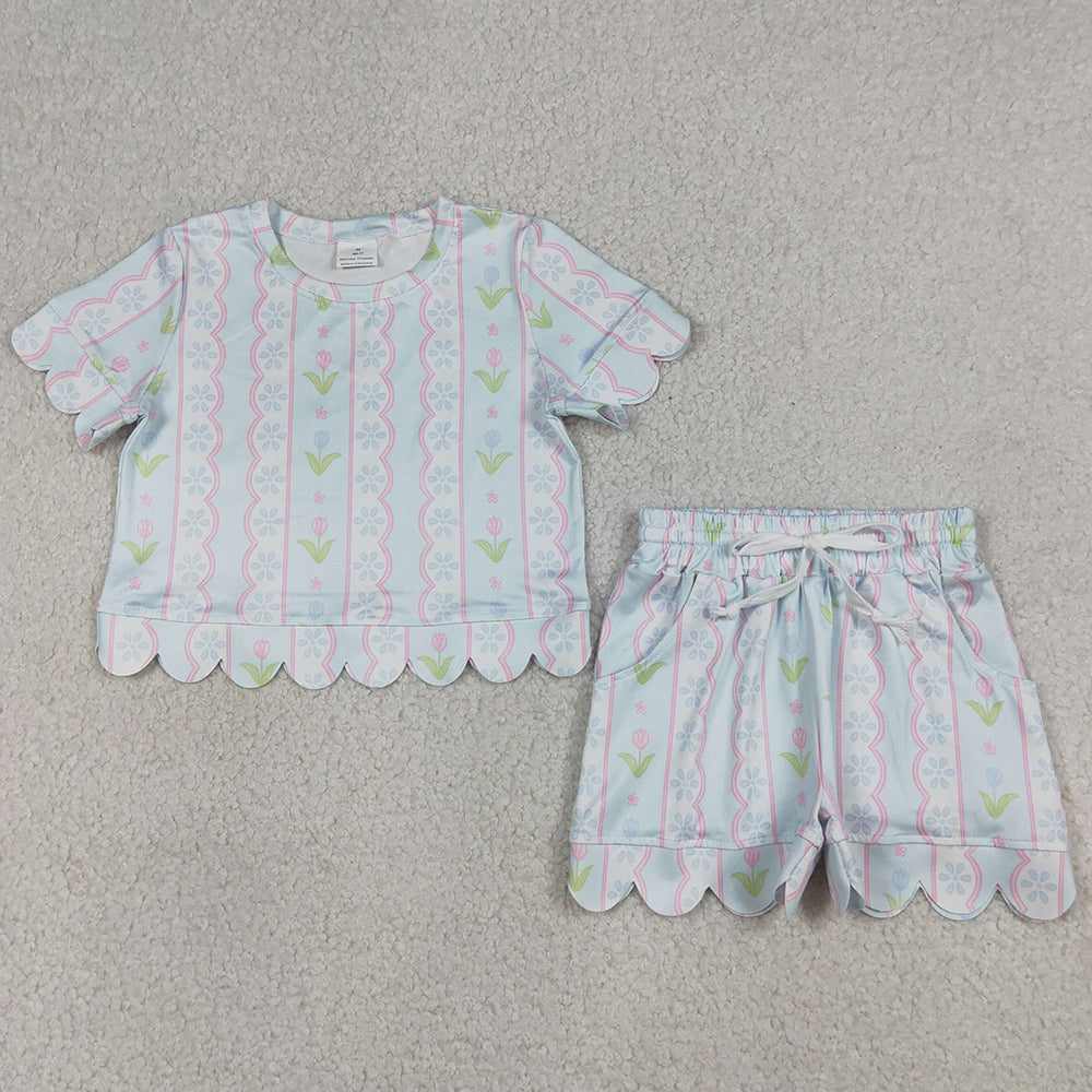 Baby Girls Clothes Flowers Stripe Top Scallop Shorts Clothes Set GSSO3412
