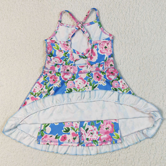 Baby Girls Dress Blue Strap Colorful Floral Yoga Ruffle Knee Length Dresses GSD2284 7.8