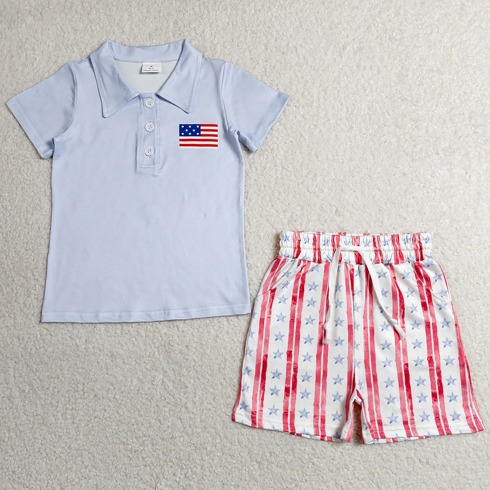 Baby Boys Clothes Flag Button Polo Shirt Top Pockets Stripe Short 4th Of July Clothes Sets BSSO1480