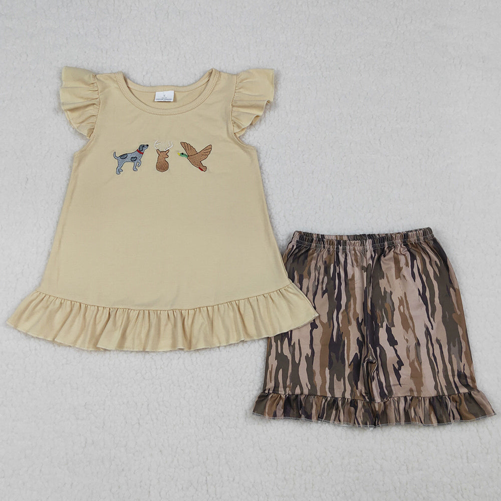 Baby Girls Clothes Embroidery Dog Ducks Deer Tunic Olive Camo Shorts Hunting Clothes Sets GSSO3335