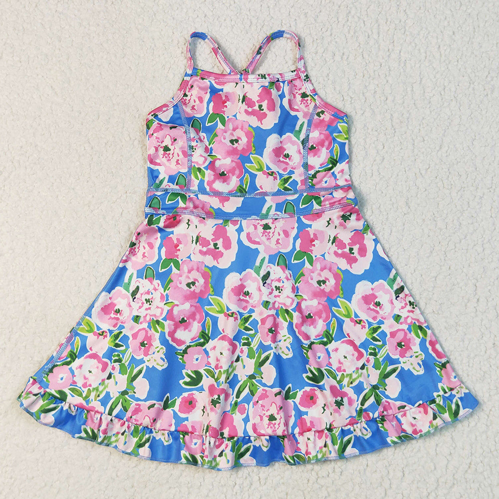Baby Girls Dress Blue Strap Colorful Floral Yoga Ruffle Knee Length Dresses GSD2284 7.8