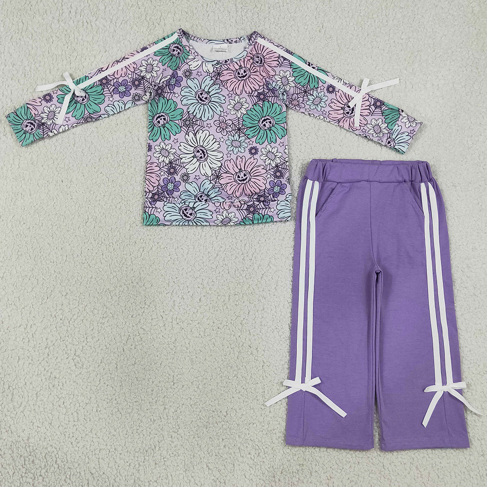 Baby Girls Clothes Ghost Pumpkins Flowers Top Pockets Bows Pant Halloween Clothes Sets GLP3353