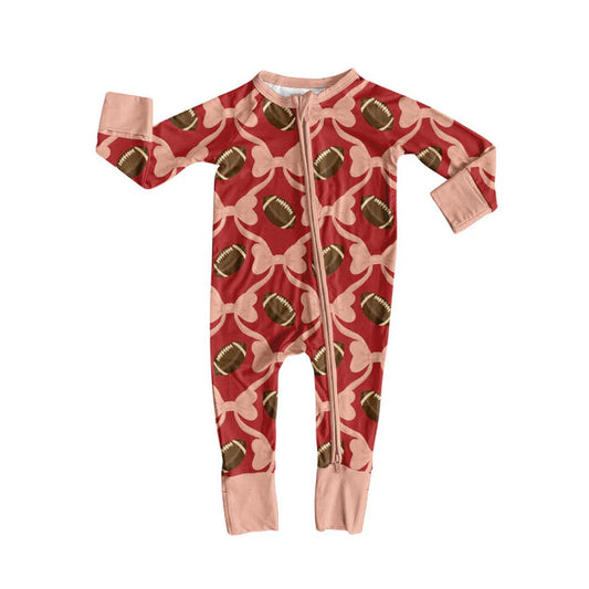 Preorder (moq 5)Baby Girls Long Sleeve Bows Footballs Checked Team Zipper Footie Rompers 10.4
