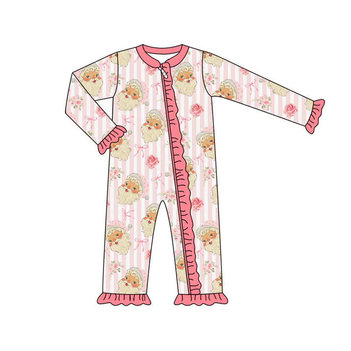 Preorder (moq 5)Baby Girls Long Sleeves Pink Bows Santa Stripes Ruffle Zipper Romper 7.3