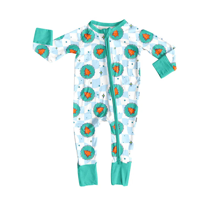Preorder moq 5 Baby Infant Boys Long Sleeves Aqua Plaid Christmas Trees Zipper Romper 7.15