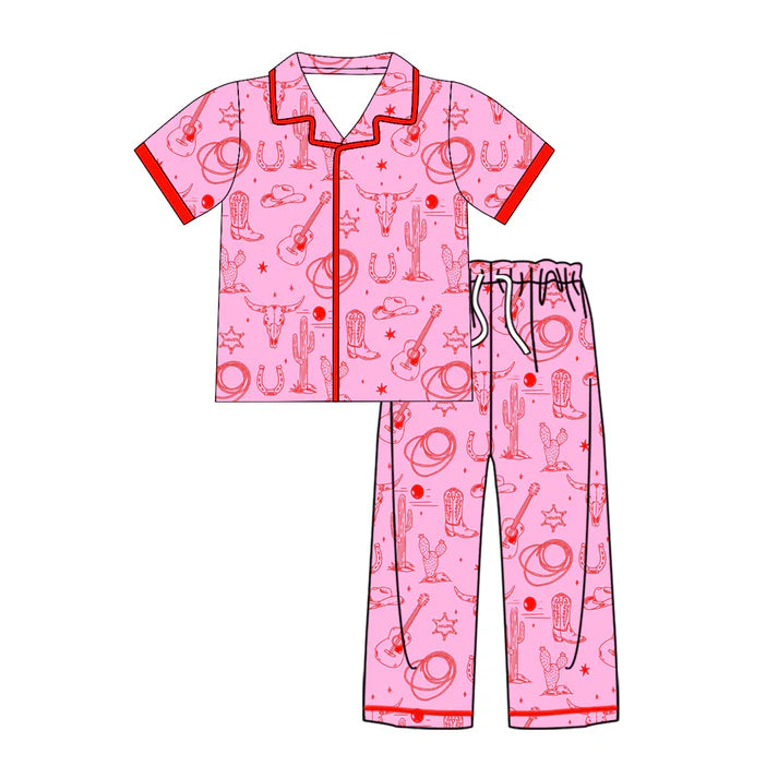Preorder (moq 8)Baby Kids Short Sleeve Bull Skulls Cactus Button Top Pants Western Pajamas Sets 9.19