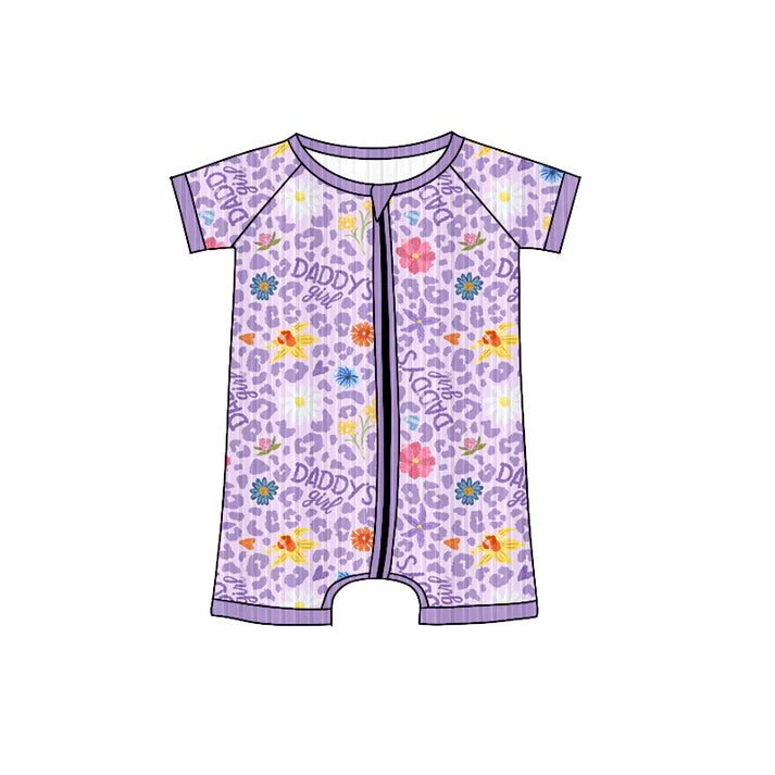 Preorder (moq 5)Baby Girls Long Sleeves Lavender Short Sleeves Daddy's Girls Flowers Zipper Romper 7.3