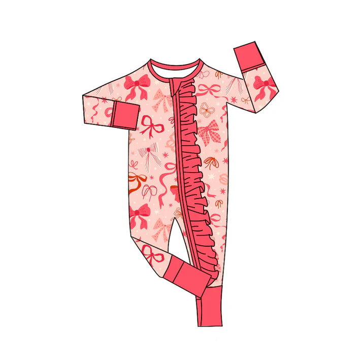 Preorder (moq 8)Baby Girls Peach Stars Bows Valentine Ruffle Zipper Footie Rompers 9.20
