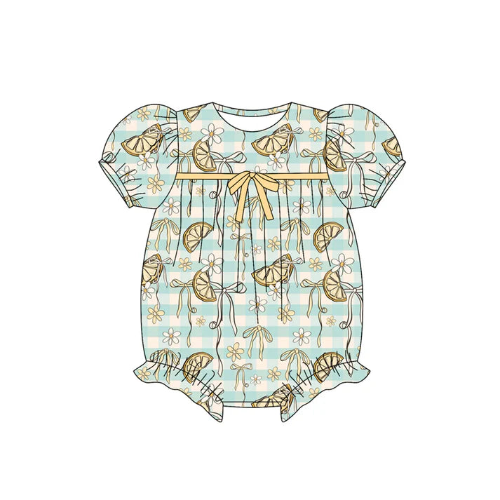 Preorder (moq 5)Baby Girls Blue Stripe Short Ruffle Sleeves Lemons Flowers Rompers 5.27