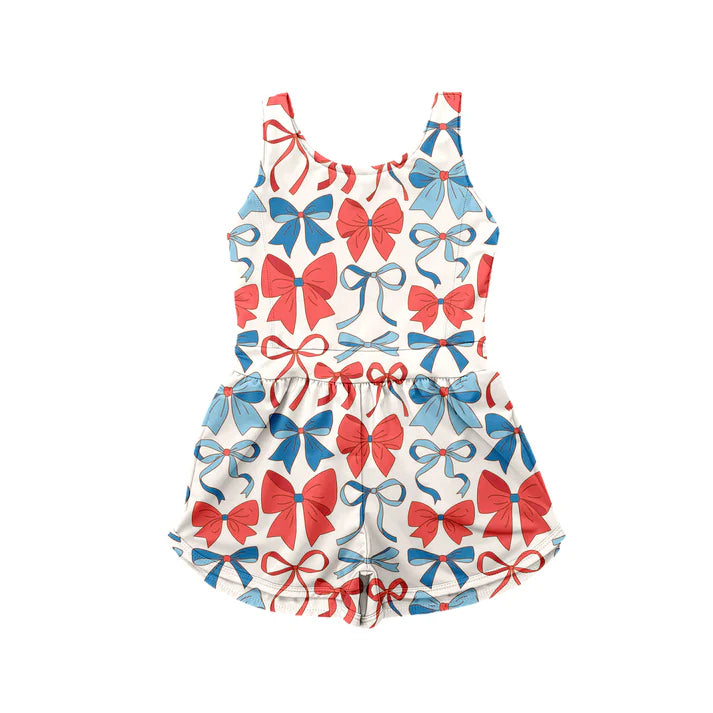 Preorder moq 5 Baby Girls Sleeveless Blue Red Bows Top Short 4th Of July Set 4.23