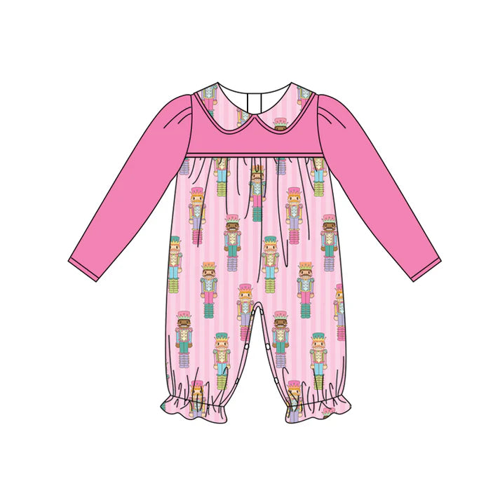 Preorder (moq 5)Baby Girls Hot Pink Long Sleeves Soldier Stripe Ruffle Pant Rompers 5.30