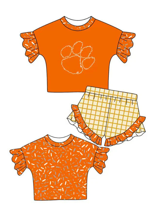 Preorder (moq 5)Baby Girls Orange Sprinkles Pawls Tiger Top Checked Ruffle Shorts Team Clothes Set 1.10