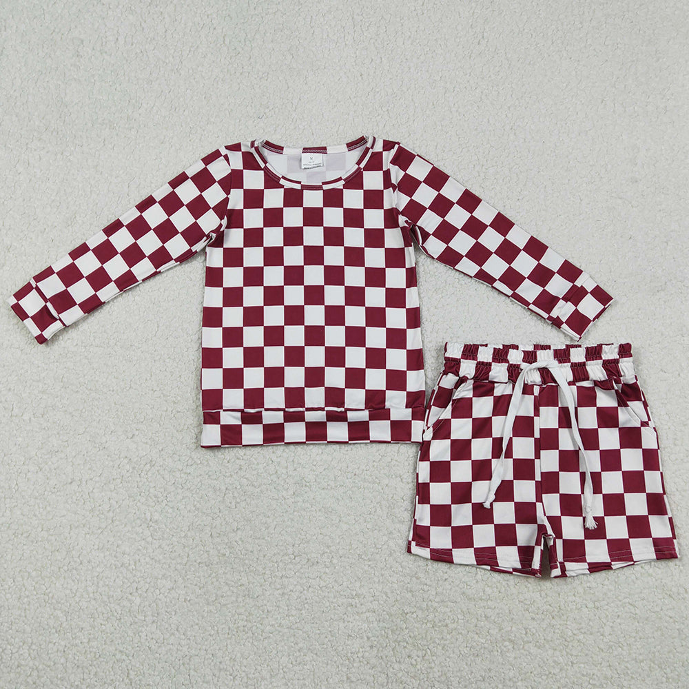 Baby Girls Clothes Long Sleeve Dark Red Checked Top Pockets Short Clothes Sets GLS0053 1.1