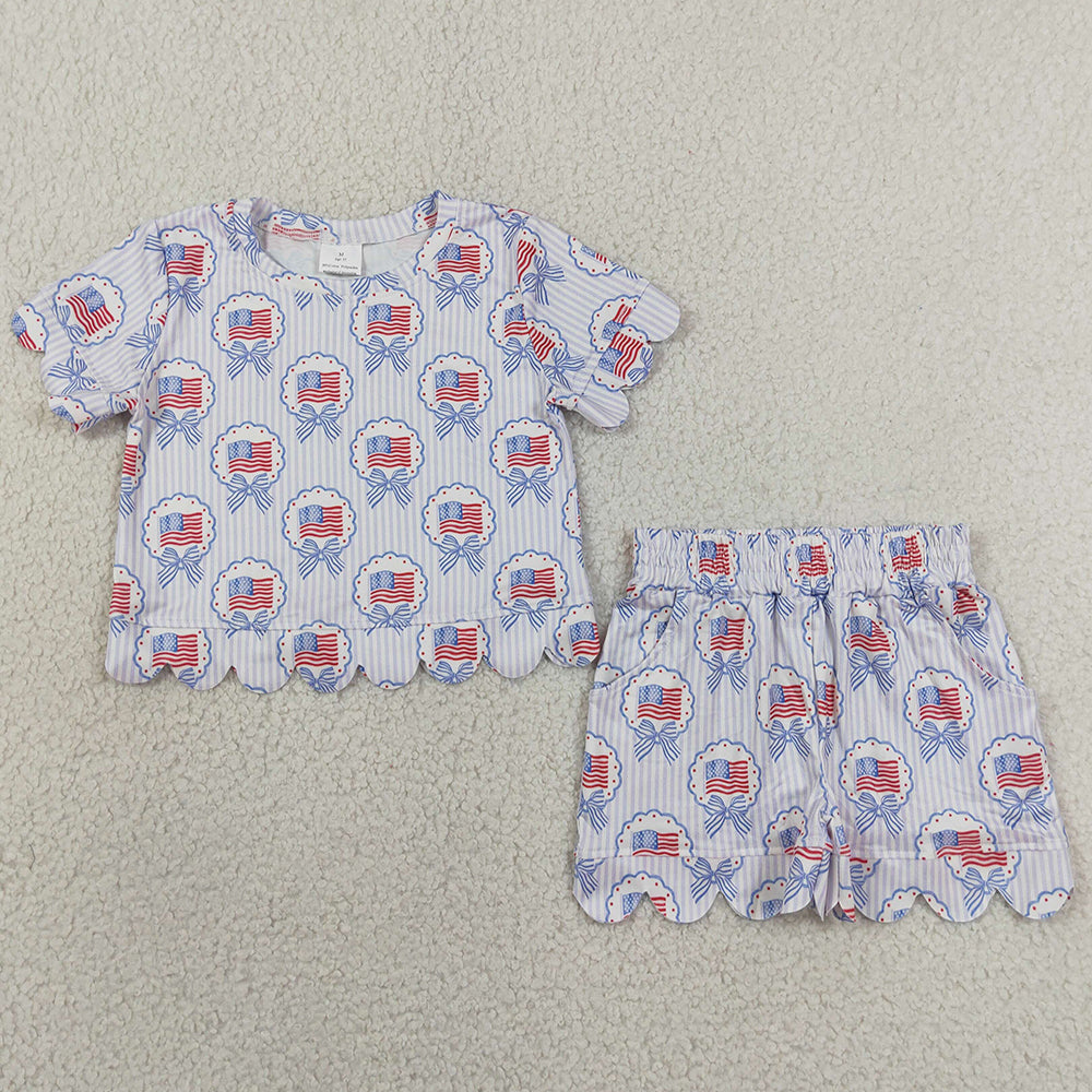 Baby Girls Clothes Bows Flags Stripe Top Pockets Shorts 4th of July Scallop Clothes Sets GSSO3555