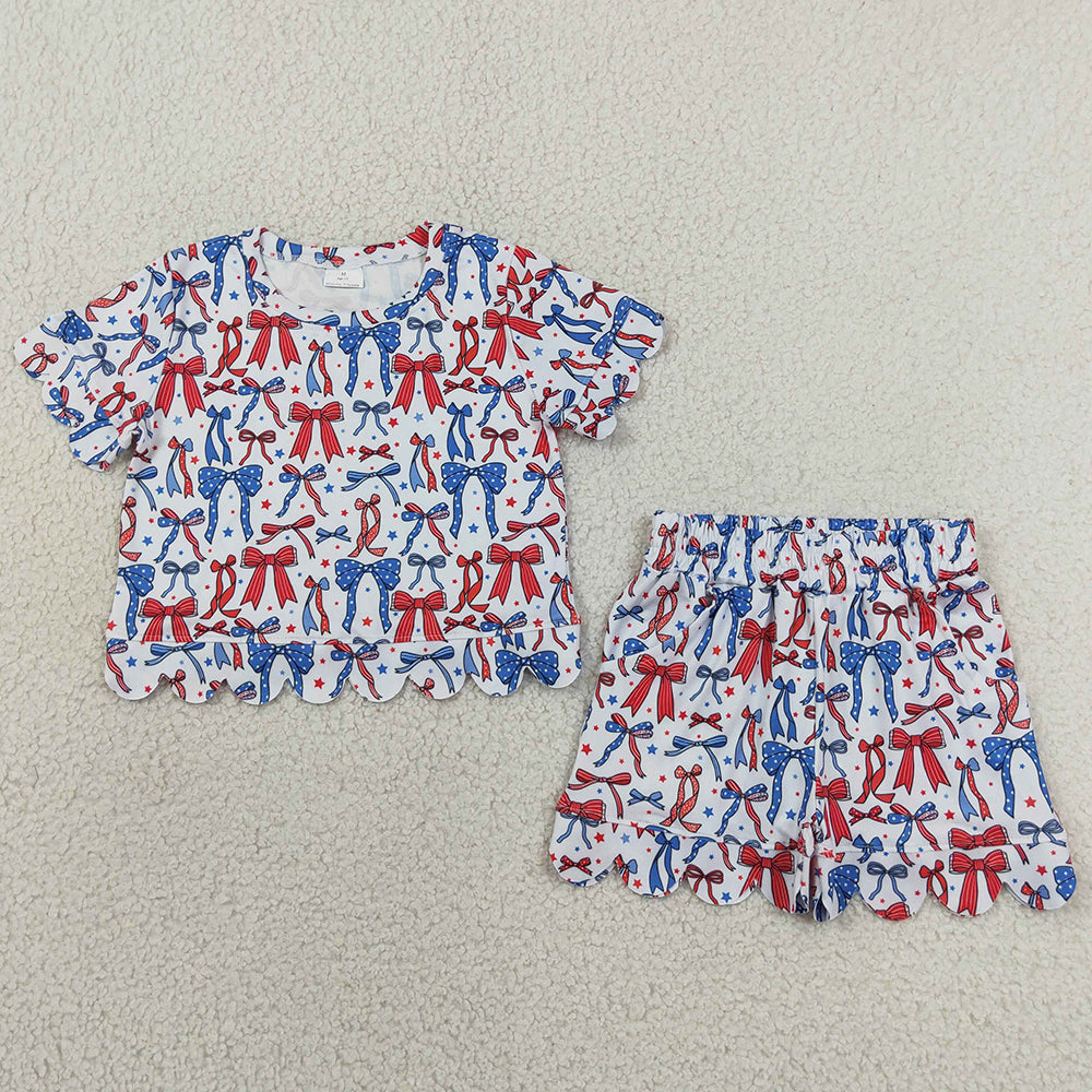 Baby Girls Clothes Red Blue Bow Stars Top Pockets Shorts 4th of July Scallop Clothes Sets GSSO3548