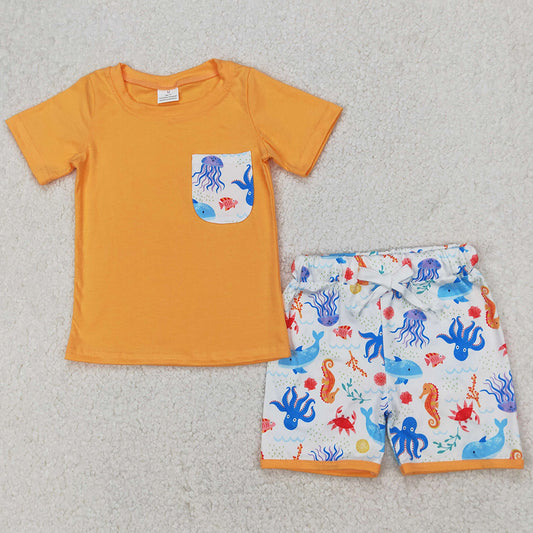 Baby Boys Clothes Orange Pocket Top Sea Animals Shorts Sets BSSO1299
