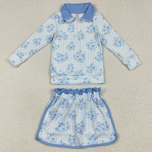 Baby Girls Clothes Long Sleeves Blue Flowers Plaid Zipper Top Skorts Yoga Sets GLD1097 7.7