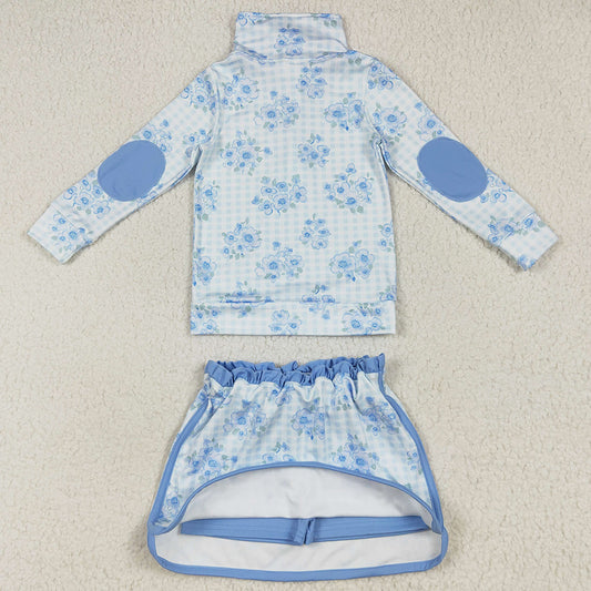 Baby Girls Clothes Long Sleeves Blue Flowers Plaid Zipper Top Skorts Yoga Sets GLD1097 7.7
